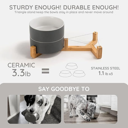 SPUNKYJUNKY Ceramic Dog and Cat Bowl Set with Wooden Stand, Modern Cute Weighted Food Water Set for Small Size Dogs (13.5OZ) &amp; Medium Sized Dogs (28.7OZ) &amp; Cats (1.7 Cups, 2 × White-Grey)