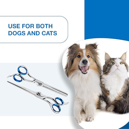 Laazar Pet Grooming Set - 7" Straight Pet Grooming Scissors &amp; 6.5" Pet Thinning Shears with 42 Teeth | Professional Dog Scissors Kit | Use as Cat and Dog Shears