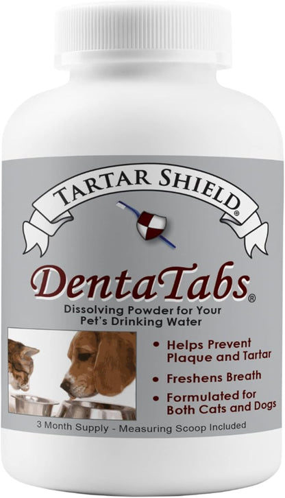 Tartar Shield DentaTabs | Dog &amp; Cat Dental Mouthwash Water Additive Powder | Fights Tartar Plaque &amp; Bad Breath Cleans Teeth &amp; Gums | Natural Pet Oral Health Support | Hypoallergenic &amp; Calorie-Free