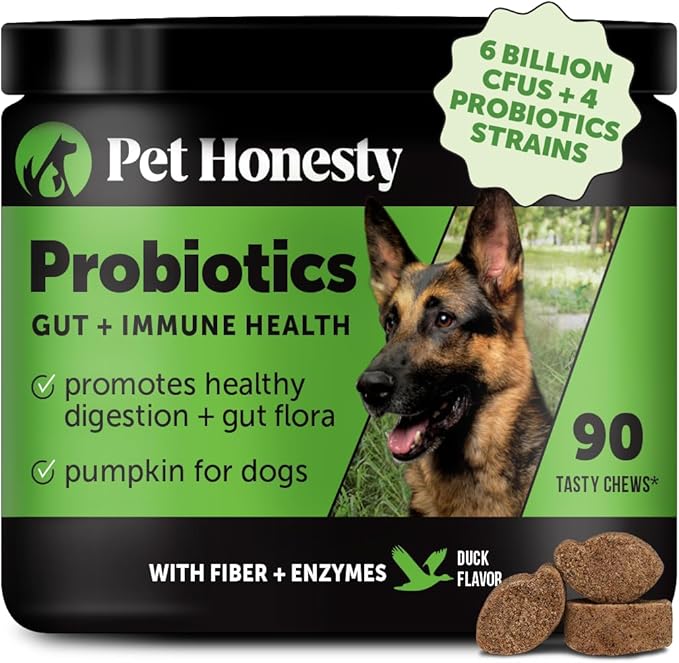 Probiotics for Dogs for Occasional Diarrhea &amp; Bowel Support, Digestive Enzymes with Prebiotics for Gut Health for Dogs, Immunity Health &amp; Itch Relief (Duck 90 ct)