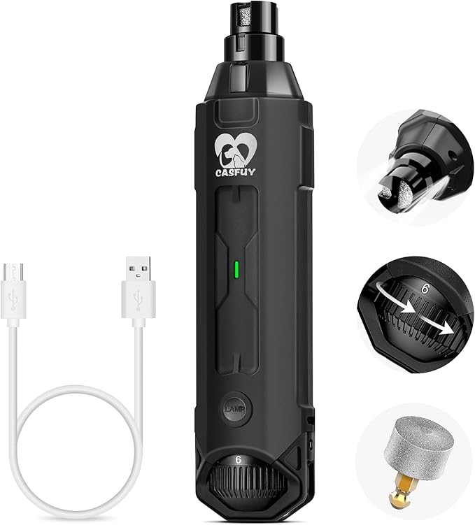 Casfuy 6-Speed Dog Nail Grinder - Newest Enhanced Pet Nail Grinder Super Quiet Electric Dog Nail Trimmer Rechargeable Painless Paws Grooming &amp; Smoothing Tool for Large Medium Small Dogs (Grey)