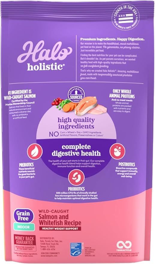 Halo Holistic Cat Food Wild Caught Salmon &amp; Whitefish Formula, Grain Free Dry Cat Food, For Healthy Weight Support, Kibble for Indoor Cats, 10 lb Bag