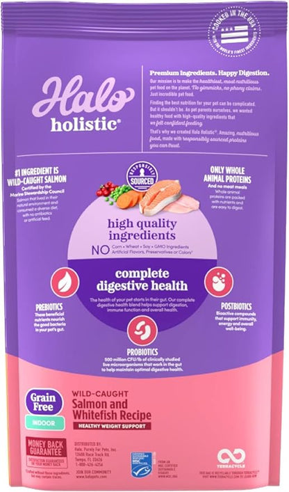 Halo Holistic Indoor Cat Food Dry, Grain Free Wild-caught Salmon &amp; Whitefish Recipe for healthy weight support, Complete Digestive Health, Dry Cat Food Bag, Adult Formula, 6-lb Bag