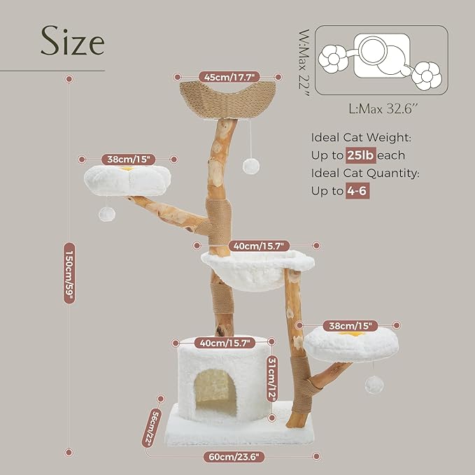 PAWZ Road Cat Tree for Indoor Cats Large Adults, 59 Inches Modern Cat Tower with Large Basket and Hammock, Natural Solid Wood, Luxury Condo &amp; Dual Perches, Modern Cat Furniture for Big Cats, White