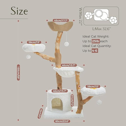 PAWZ Road Cat Tree for Indoor Cats Large Adults, 59 Inches Modern Cat Tower with Large Basket and Hammock, Natural Solid Wood, Luxury Condo &amp; Dual Perches, Modern Cat Furniture for Big Cats, White