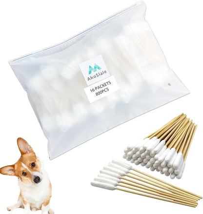 Long Cotton Swabs for Dog Ear Cleaning, 800pcs, 4.7 Inch Biodegradable Cotton Tips, Eco-Friendly Bamboo Cotton, Pet Ear Care &amp; Wound Treatment, 16 Resealable Bags