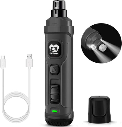 Casfuy Dog Nail Grinder with 2 LED Light - New Version 2-Speed Powerful Electric Pet Nail Trimmer Professional Quiet Painless Paws Grooming &amp; Smoothing for Small Medium Large Dogs and Cats (Grey)