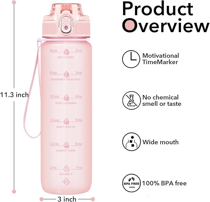 32oz Motivational Water Bottles with Time Marker &amp; Fruit Strainer, Transparent Gradient Color Water Bottle with Times to Drink, Leakproof &amp; BPA Free, Reusable Bottle with Strap (No Straw)