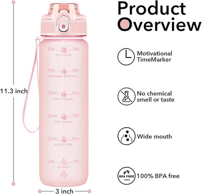 32oz Motivational Water Bottles with Time Marker &amp; Fruit Strainer, Transparent Gradient Color Water Bottle with Times to Drink, Leakproof &amp; BPA Free, Reusable Bottle with Strap (No Straw)