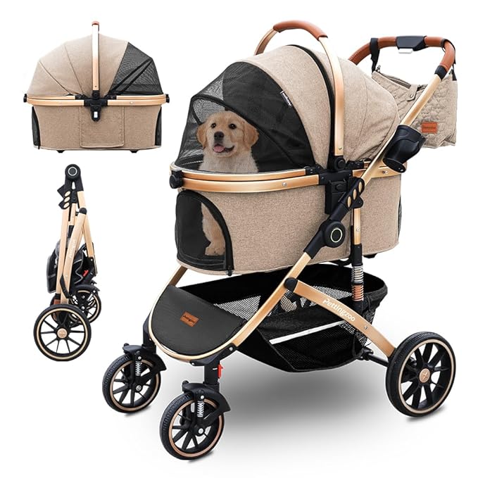 Pettingzoo Dog stroller with 4 Wheels, Folding Cat Stroller for Small/Medium/Large dogs &amp; cats to 60 lbs, pet stroller with removable carrier, Storage BasketCup Holder,3 in1 Multifunctional Detachable