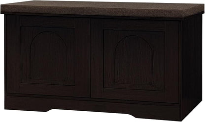 DINZI LVJ Shoe Bench, Entryway Storage Bench with Doors, Cushion, 2-Tier Shoe Rack with 6-Cubby, 31.5”L x 13.8”W Shoe Organizer Cabinet, Adjustable Shelf, Living Room, Bedroom, Espresso