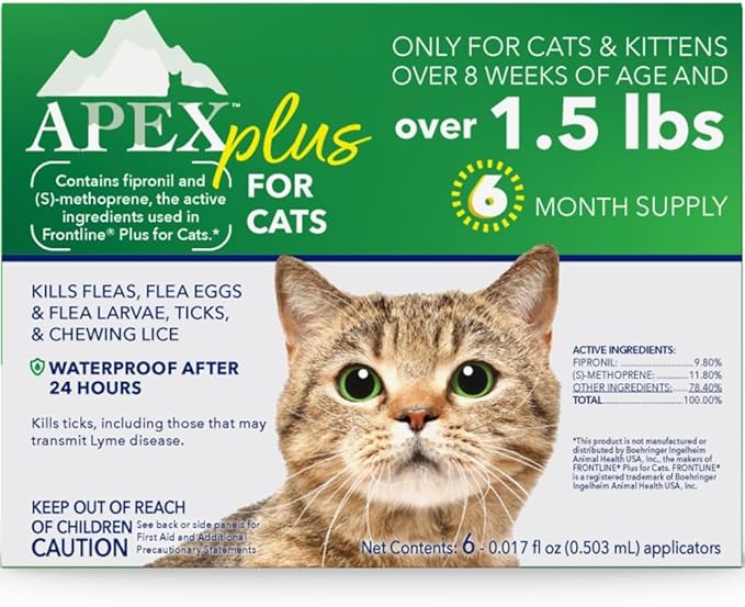 Apex Plus Cat Flea and Tick Treatment | 6-Month Supply, Over 1.5 lbs | Flea Treatment for Cats &amp; Kittens | 24-Hour Activation, Waterproof, 30-Day Protection