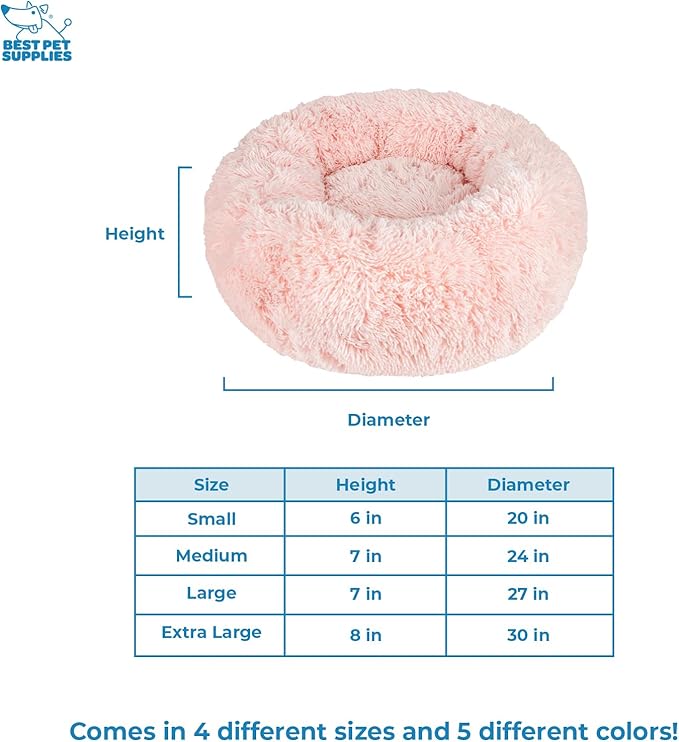 Best Pet Supplies Round Donut Dog Bed with Plush Faux Fur Fabric, Calming, Anti-Anxiety Cushion for Indoor Pets, Slip-Resistant Base, Soft Ergonomic Support - Pink, 20x20x6&