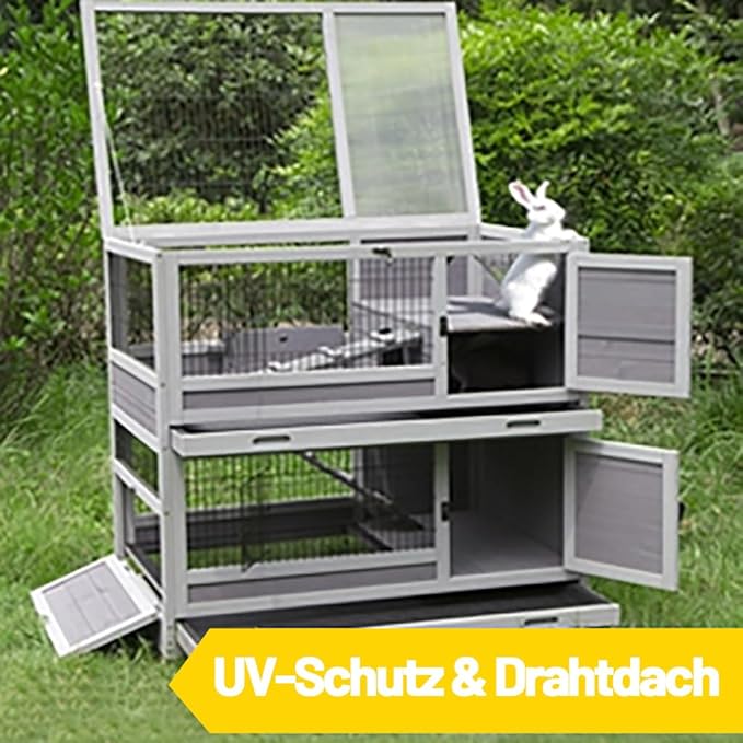 Aivituvin Rabbit Hutch Rabbit Cage Outdoor &amp; Indoor on Wheels Bunny cage with Deep No Leak Pull Out Tray,Upgrade Version (Gray)