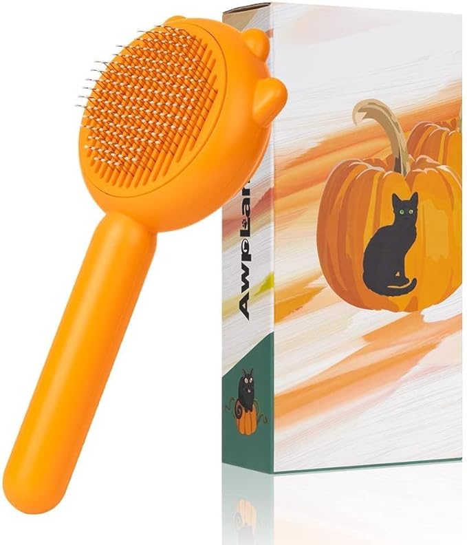 Self-Cleaning Dog &amp; Cat Slicker Brush, Skin Friendly Deshedding Grooming Tool for Long or Short Haired Dogs Cats Rabbits, Dog Shedding Brush with Release Button - Pumpkin