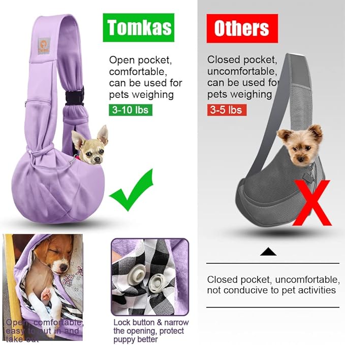 Tomkas Small Dog Sling Carrier - Zipper Pocket &amp; Adjustable Strap - for 3-10 lbs Pets(Light Purple)