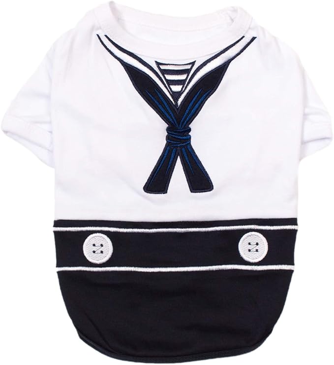 Parisian Pet Sailor Dog Costume - Embroidered Sleeved Dog Shirt - 100% Cotton &amp; Polyester - Blue &amp; White - 3XL
