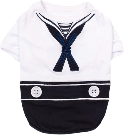 Parisian Pet Sailor Dog Costume - Embroidered Sleeved Dog Shirt - 100% Cotton &amp; Polyester - Blue &amp; White - 3XL