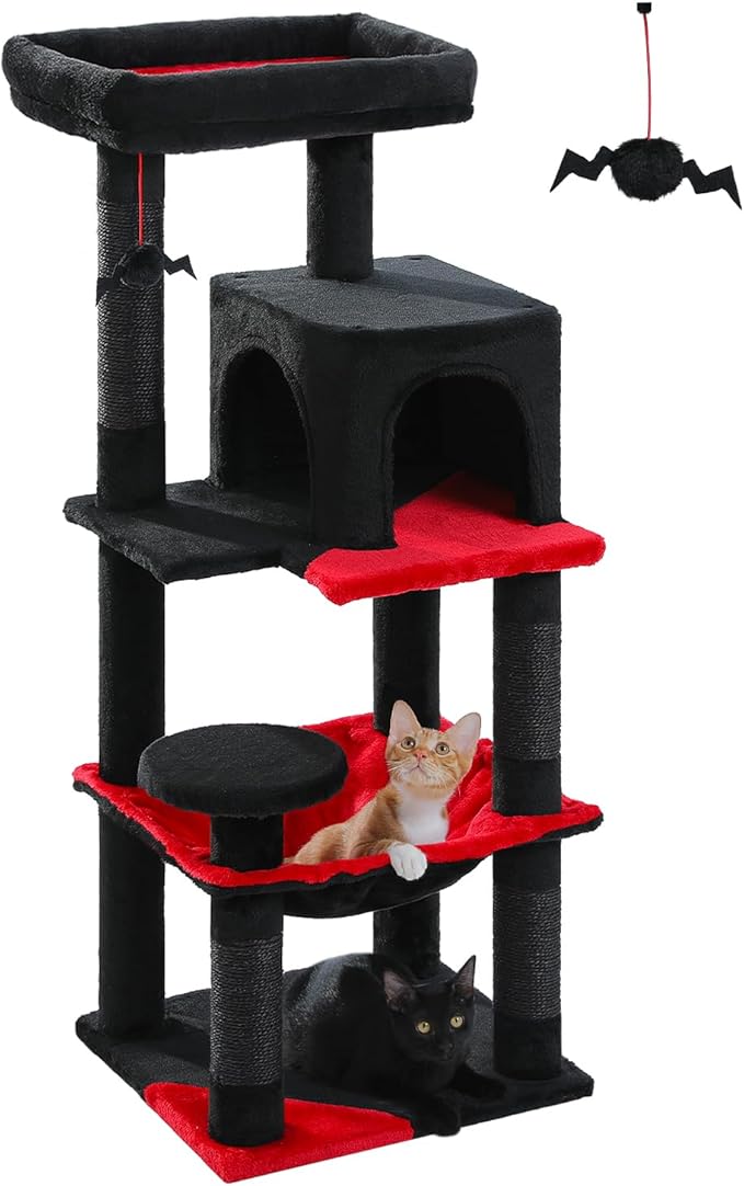 Gothic Cat Tree with Super Large Hammock, 45.7" Black Cat Tower with Coffin Bed, Cat Condo, Sisal Scratching Posts &amp; Top Perch, Multi-Level Goth Cat Tree, Halloween, Black