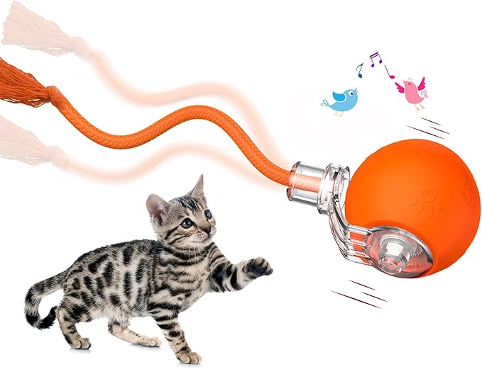 Interactive Cat Toys, Automatic Moving Cat Toys for Bored Indoor Adult Cats, Fast Rolling, Chirping &amp; Motion-Activated Kitty Toys, Fun Gift for Cats with Speedy Tail 2.0, USB Rechargeable, Orange