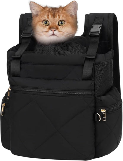 OFY Cat Carrier Puffy Backpack Breathable Small Dog Front Backpack Large Space for Small Dogs, Drawstring &amp; Water-Resisant Pet Bag for Travel Hiking, Black Patent Pending