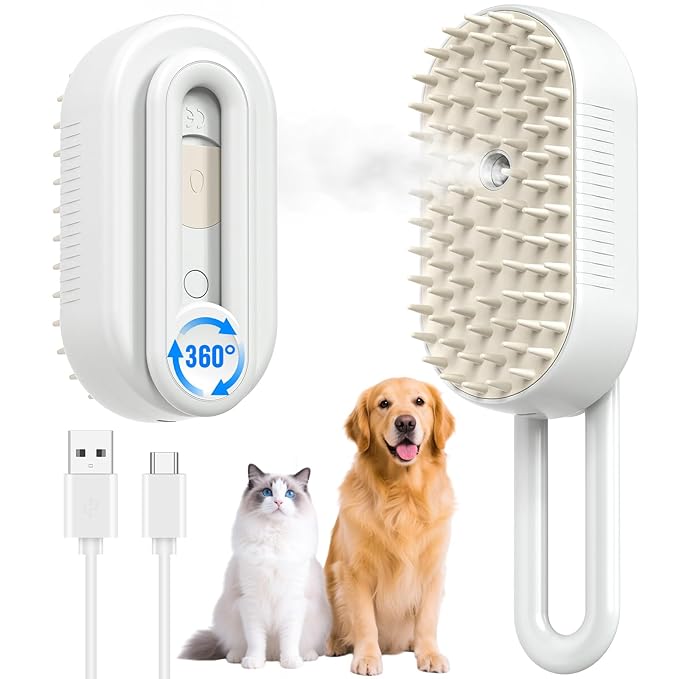 Cat Steam Brush for Shedding, Pet Steam Brush for Cats and Dog, 4 in 1 Rechargeable Cat Hair Brush, Spray Anti-Static, Massage, Cleaning, Shedding &amp; Combing All In One, for Long &amp; Short Haired Pets!