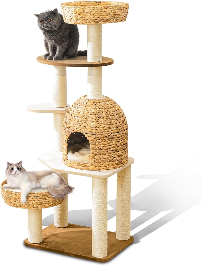 Large Wood Cat Tree Tower for Indoor Cats, Multi-Cats Scratching Post &amp; Cat Condo with Handwoven Cat House Basket, Thick Sisal Posts, Modern Stable Cats Tower Furniture