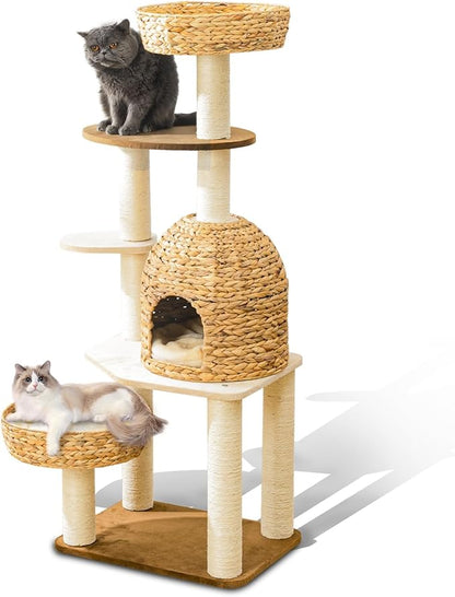 Large Wood Cat Tree Tower for Indoor Cats, Multi-Cats Scratching Post &amp; Cat Condo with Handwoven Cat House Basket, Thick Sisal Posts, Modern Stable Cats Tower Furniture
