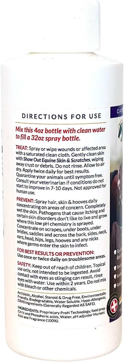 Show Out Skin &amp; Scratches 4 oz Concentrate - Fast Relief and Prevention for Horse Care. Use on Equine Scratches/Mud Fever, Girth Itch, Mange, Thrush, Rain Rot, Ringworm, etc w/Empty Spray Bottle