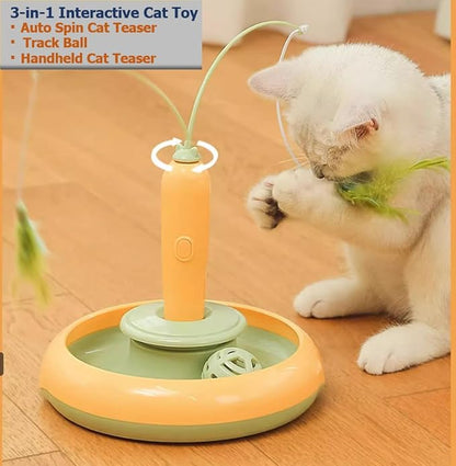 Interactive Cat Toys for Bored Indoor Cats,Automatic Cat Toy 3-in-1 Smart Teaser Wand Featuring Spinning Feather&amp;Rolling Ball Track,Cats Dancer Toy Stimulates Hunting Instincts,Weight Control