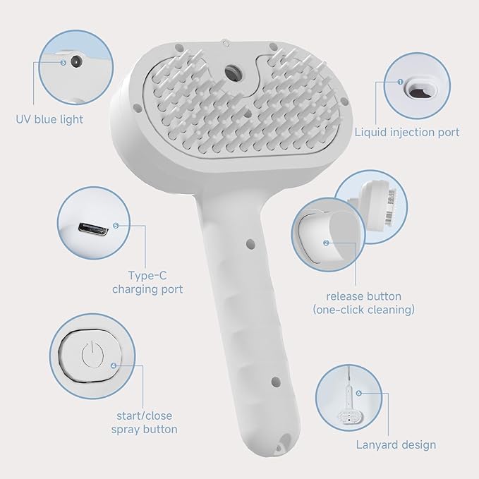 REIKIYA Cat Steam Brush,4-in-1 Spray Hair Removal Dog Brush for Shedding &amp; Grooming with UV Light, Anti-Static Pet Spray Comb with One-Click Release Button