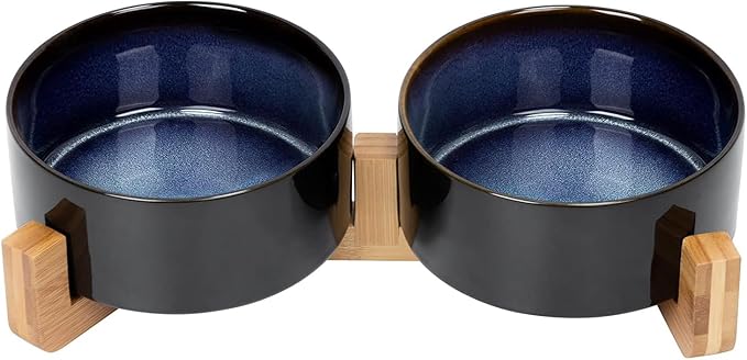 SPUNKYJUNKY Ceramic Dog and Cat Bowl Set with Wooden Stand, Modern Cute Weighted Food Water Set for Small Size Dogs (13.5OZ) &amp; Medium Sized Dogs (28.7OZ) &amp; Cats (3.6 Cups, 2 × Starry Blue)