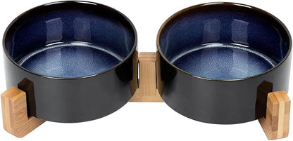 SPUNKYJUNKY Ceramic Dog and Cat Bowl Set with Wooden Stand, Modern Cute Weighted Food Water Set for Small Size Dogs (13.5OZ) &amp; Medium Sized Dogs (28.7OZ) &amp; Cats (3.6 Cups, 2 × Starry Blue)