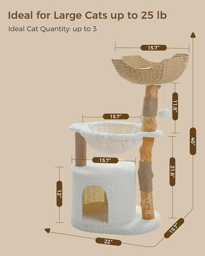 Modern Cat Tree for Large Cats, Wood Cat Tower for Indoor Cats, Real Branch Luxury Cat Furniture with Super Large Cozy Condo and Hammock &amp; Scratching Post, Top Basket, White