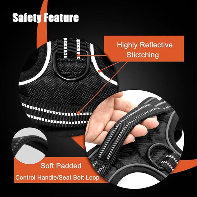 PHOEPET Reflective Dog Harness No Pull Large Breed Vest with 2 Metal Leash Attachment Hooks(L, Orange)
