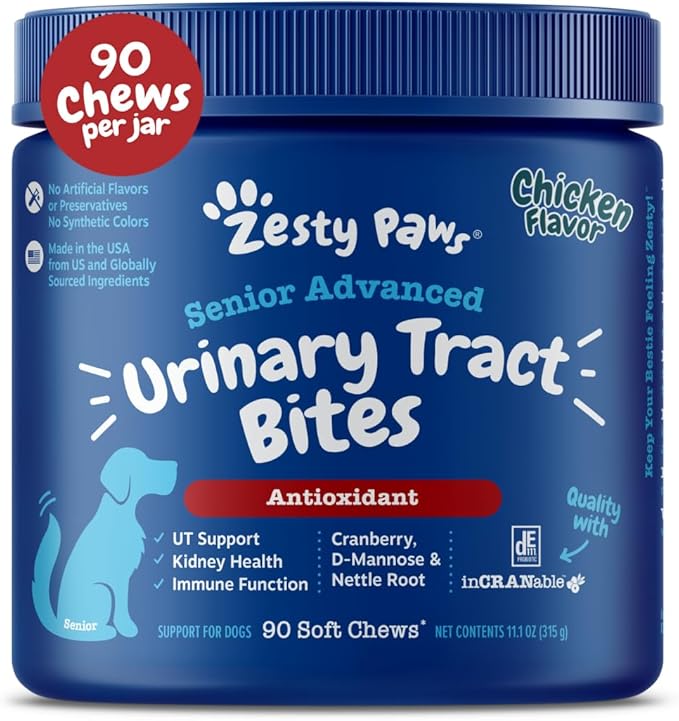 Zesty Paws Senior Cranberry Supplement for Dogs - Bladder Control for Senior Dogs - Urinary Tract Support - Cranberry Chews - Immune &amp; Gut Support - Chicken - 90 Count