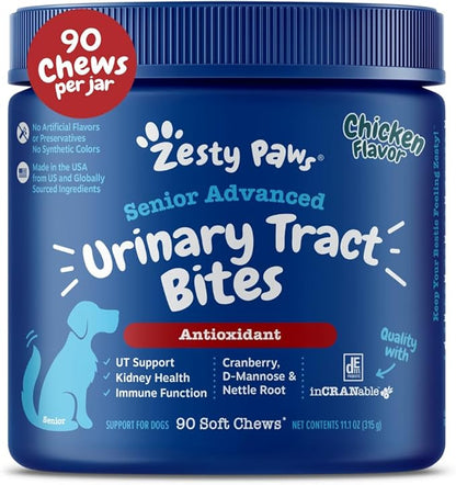 Zesty Paws Senior Cranberry Supplement for Dogs - Bladder Control for Senior Dogs - Urinary Tract Support - Cranberry Chews - Immune &amp; Gut Support - Chicken - 90 Count