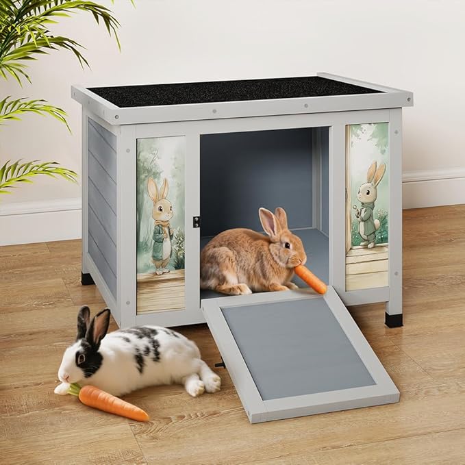 COZIWOW 24in Wooden Cat House Outdoor &amp; Indoor Pet Shelter with Foldable Ramp - Weatherproof Rabbit Hutch with Unique Machine-Printed Art Designs for Cat, Rabbit, Guinea Pig (Grey)