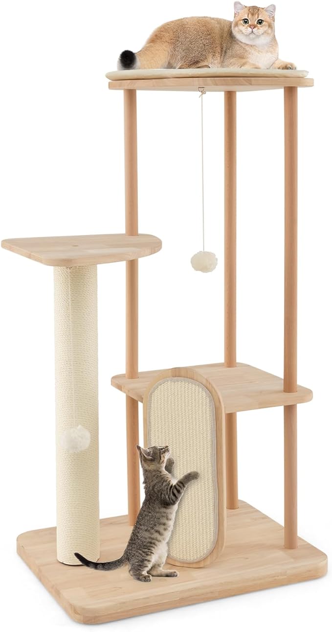 Tangkula Wood Cat Tree for Indoor Cats, Multi-Level Modern Cat Tower with Sisal Scratching Board &amp; Post, Padded Perch, Platform, Hanging Toy, Minimalist Kitten Activity Center for Small &amp; Medium Cats