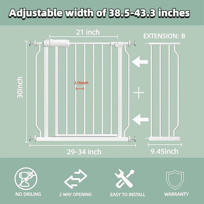 TSAYAWA Extra Wide Baby Gate with Door,38.5-43.3 Inch Walk Through Large Long Child Gates for Stair Doorway - Indoor TSAYAWA Outdoor Safty Gate for Toddler Pet Dog Doggie White