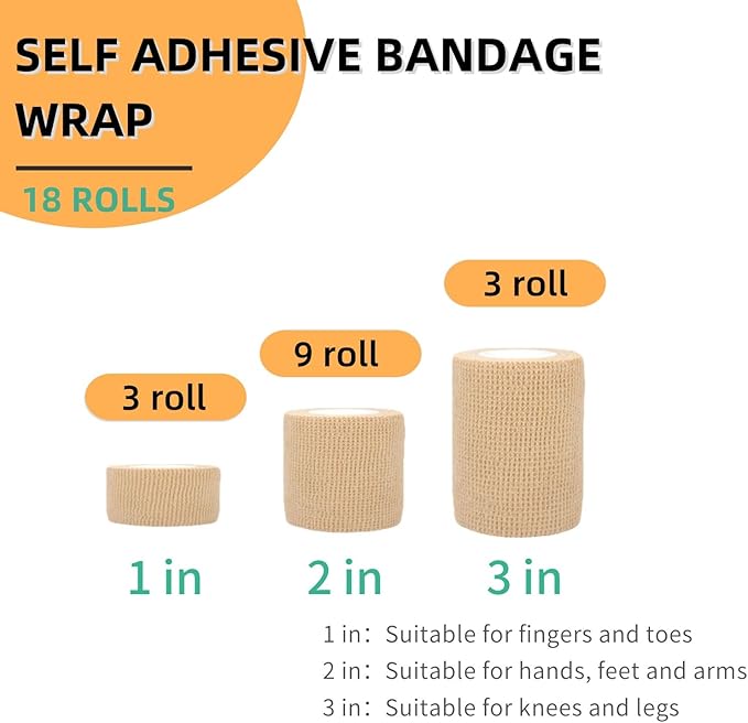 Self Adhesive Wrap 18 Rolls, Non-Woven Self Adherent Vet Wrap, (1IN+2IN+3IN) x 5Yard | Cohesive Bandage Tape for Wrist &amp; Ankle, Elastic Grip Cover (Colorful)