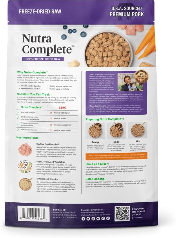 ULTIMATE PET NUTRITION Nutra Complete Freeze Dried Raw Dog Food, Veterinarian Formulated with Antioxidants, Prebiotics &amp; Amino Acids (3 Pound, Pork)