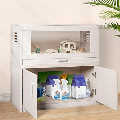 Large Hamster Cage, Wooden Hamster Cages and Habitats with Storage Cabinet and Openable Top Decorative Pet House Acrylic Panels for Hedgehog Gerbil and Rat (31.5"× 15.7"× 33.5")