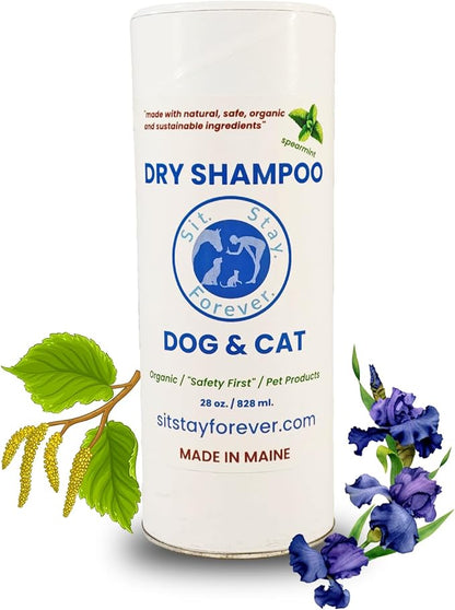 Sit. Stay. Forever. Dry Shampoo for Dogs &amp; Cats – Organic Dry Bath Powder, Talco para Perros, Hypoallergenic, Odor Control for Smelly Dogs, No-Rinse, Anti-Itch, Safe &amp; Natural, Made in The USA, 7 oz