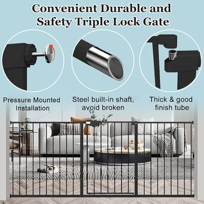 WAOWAO Triple Lock Baby Gate Extra Wide 44.48-48.42" Pressure Mounted Walk Through Swing Auto Close Safety Black Metal Dog Pet Puppy for Stairs,Doorways,Kitchen