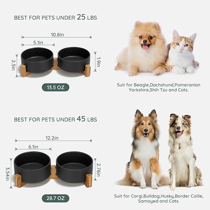 SPUNKYJUNKY Ceramic Dog and Cat Bowl Set with Wooden Stand, Modern Cute Weighted Food Water Set for Small Size Dogs (13.5OZ) &amp; Medium Sized Dogs (28.7OZ) &amp; Cats (3.6 Cups, 2 × Black)