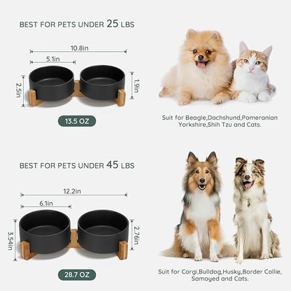 SPUNKYJUNKY Ceramic Dog and Cat Bowl Set with Wooden Stand, Modern Cute Weighted Food Water Set for Small Size Dogs (13.5OZ) &amp; Medium Sized Dogs (28.7OZ) &amp; Cats (3.6 Cups, 2 × Black)