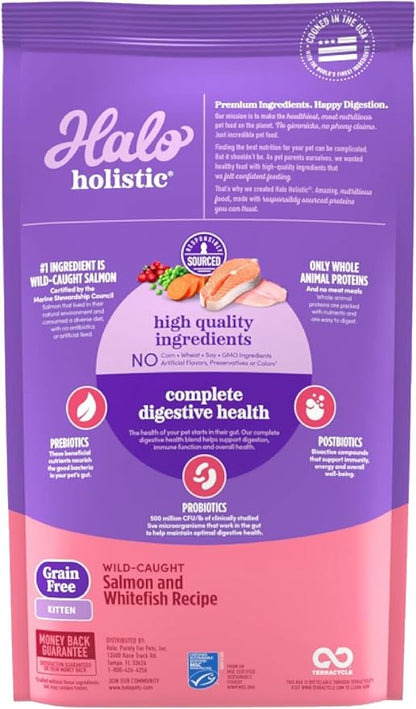 Halo Holistic Kitten Food, Wild Caught Salmon &amp; Whitefish Recipe, Grain Free Dry Cat Food, Complete Digestive Health, 10 lb Bag