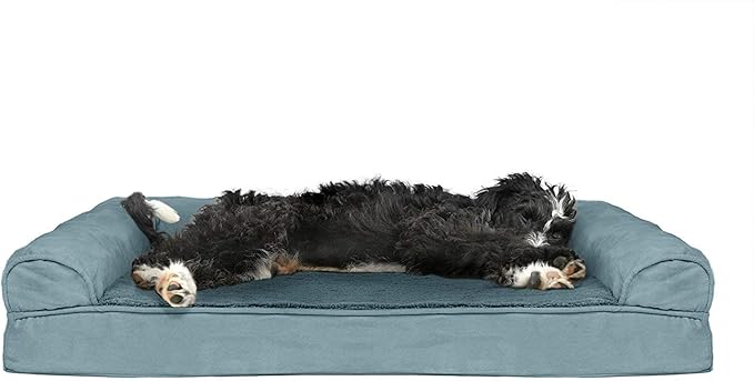 Furhaven Cooling Gel Dog Bed for Large/Medium Dogs w/ Removable Bolsters &amp; Washable Cover, For Dogs Up to 55 lbs - Plush &amp; Suede Sofa, Large