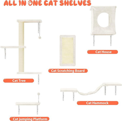NUNU LAB Wall Mounted Cat Furniture, 5 Pcs Cat Wall Shelves with House, Bridge, Steps, Scratching Post, Shelves, Indoor Safe &amp; Stable Furniture for Kittens Play, Beige
